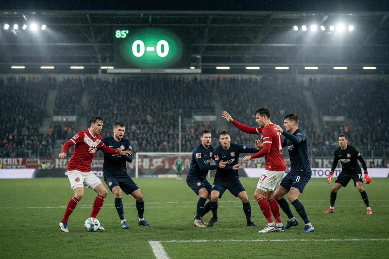 Fortuna Düsseldorf im Angriff unter Flutlicht: Rot-weißer Stürmer von dicht gestaffelter Abwehr gestoppt, verregneter